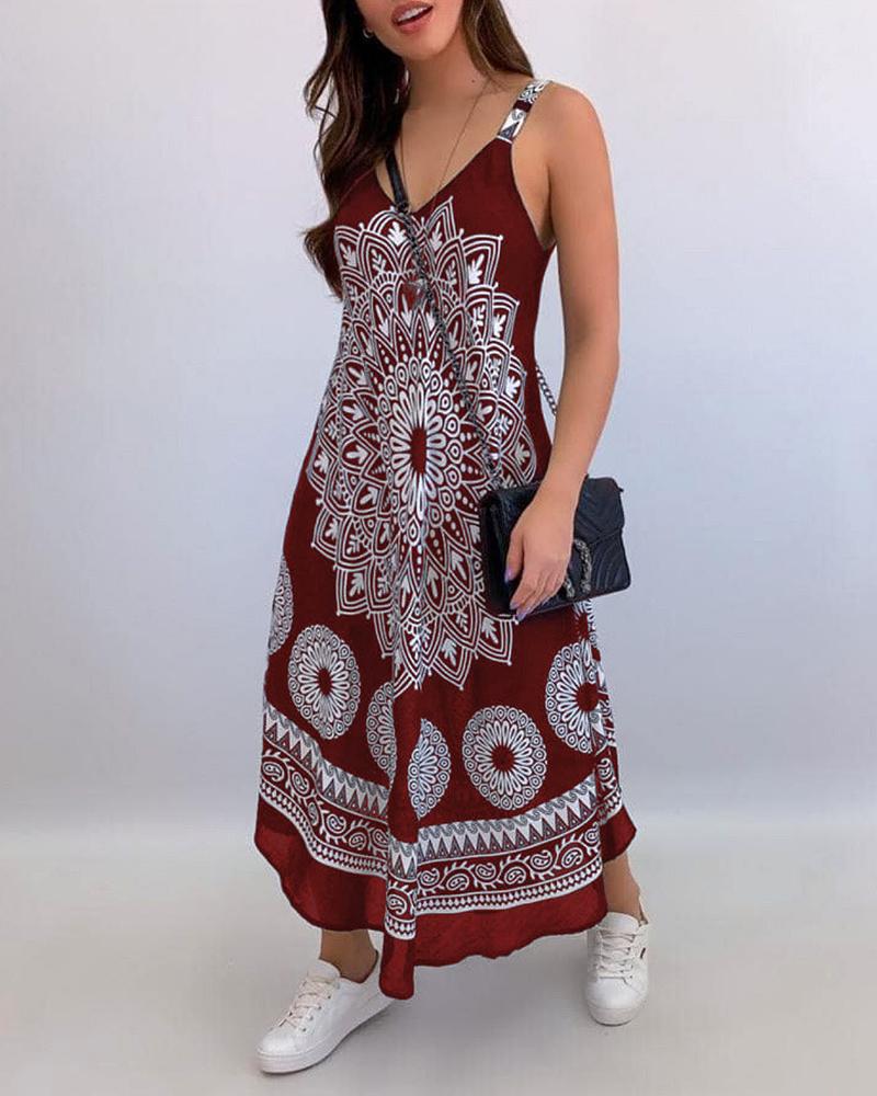 

All Over Print V Neck Thick Strap Maxi Dress, Red