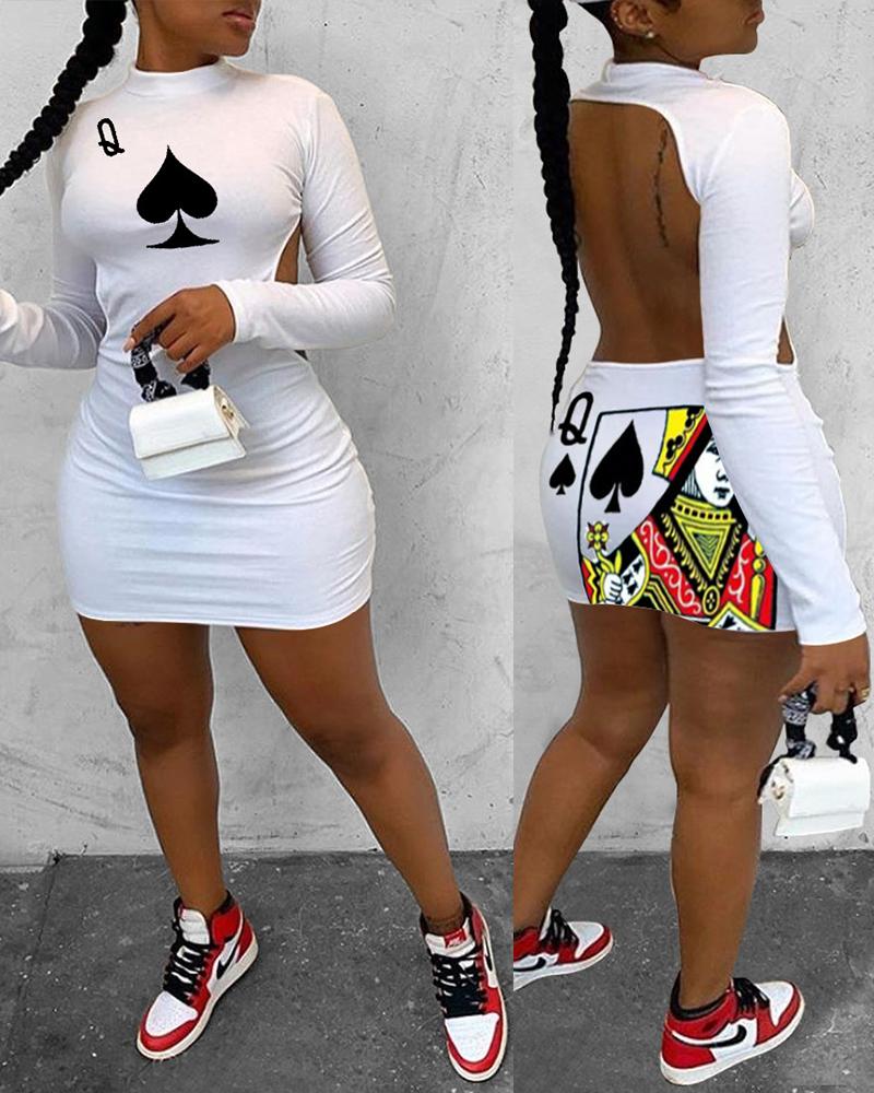 

Poker Print Backless Bodycon Dress, White
