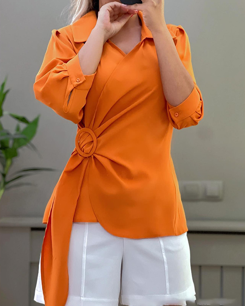 

Long Sleeve Buckled Ruched Wrap Top, Orange