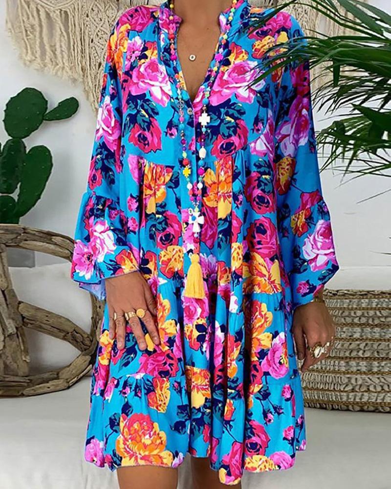 

All Over Print Long Sleeve Ruffle Hem Mini Dress, Style1