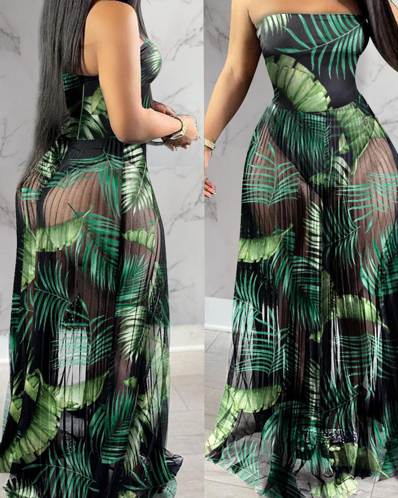 

Tropical Print Bodysuit Insert Sheer Mesh Pleated Maxi Dress, Green