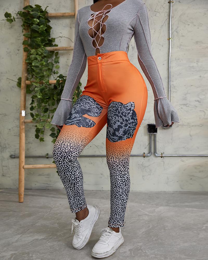 

Leopard Print Zipper Button Design Skinny Pants, Orange