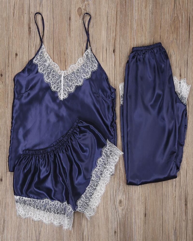 

Contrast Lace Cami Top & Shorts PJ Set, Blue