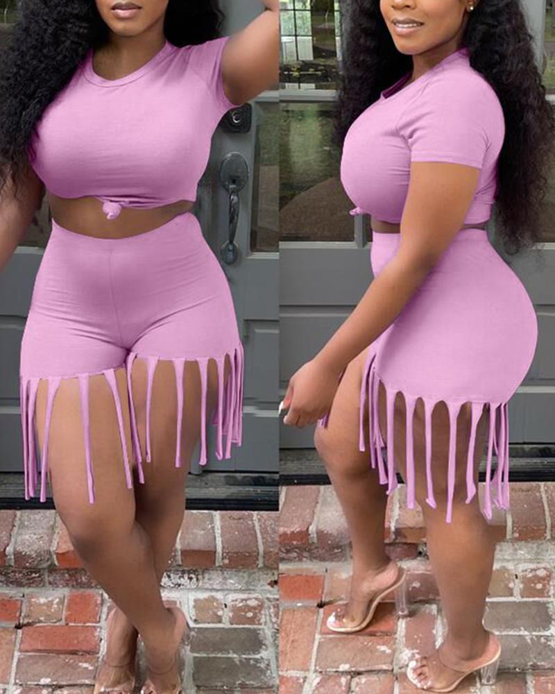 

Crew Neck Top & Tassel Design Skirt Set, Purple