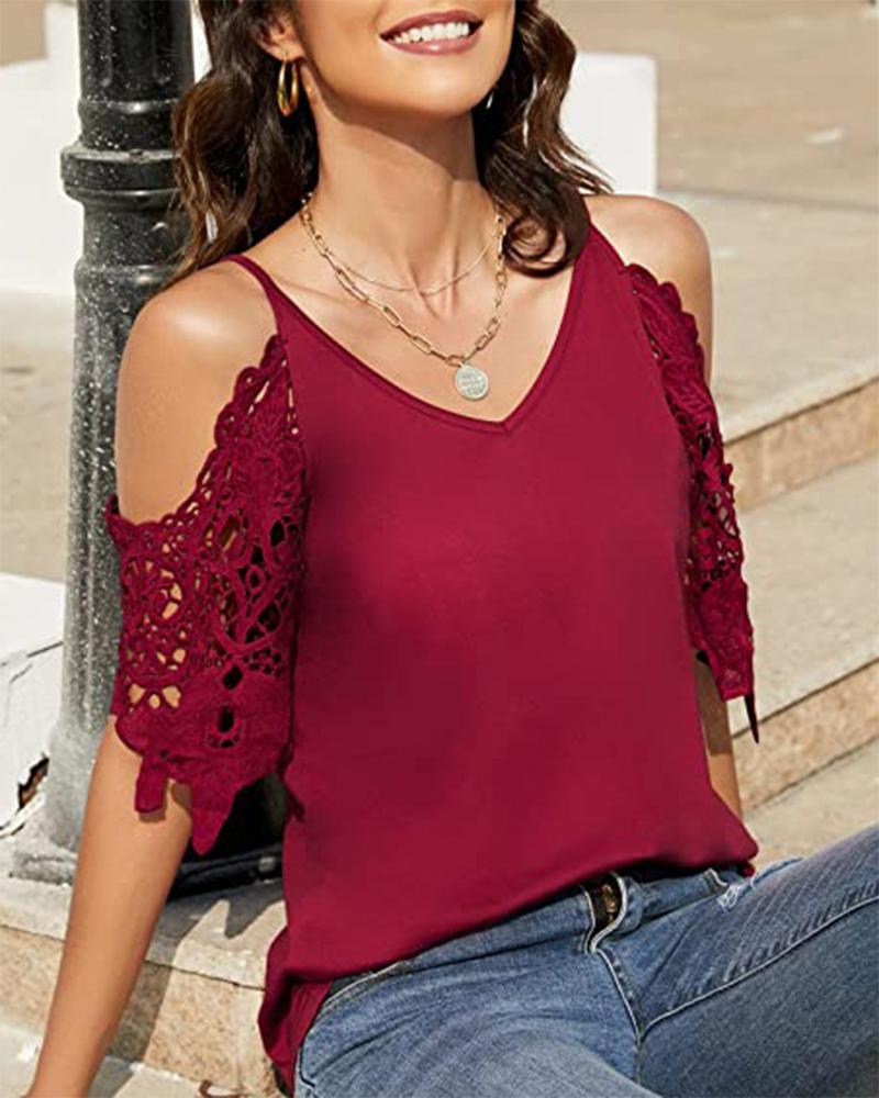 

Cold Shoulder Guipure Lace Patch Top, Red