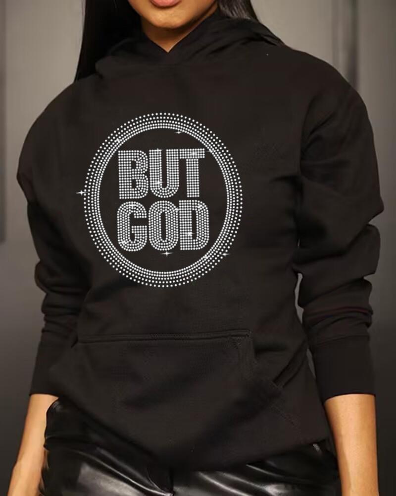 

Rhinestone Letter Pattern Long Sleeve Hoodie, Black
