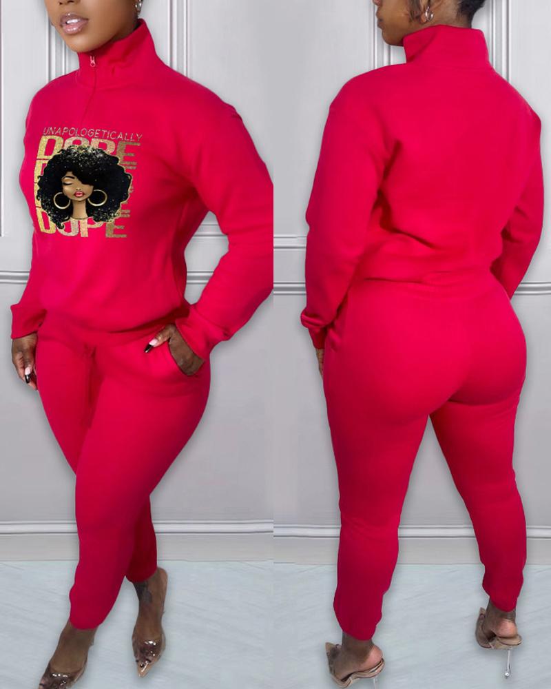 

Figure Letter Print Casual Top & Drawstring Pants Set, Red