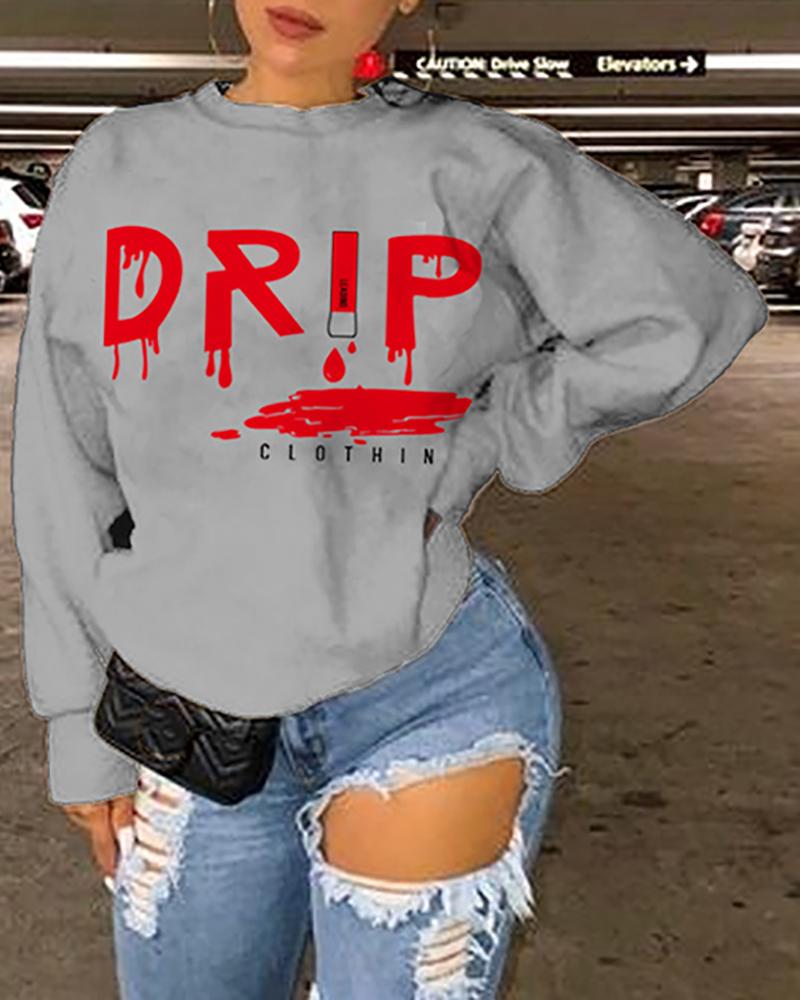 

Letter Print Long Sleeve Casual Sweatshirt, Gray
