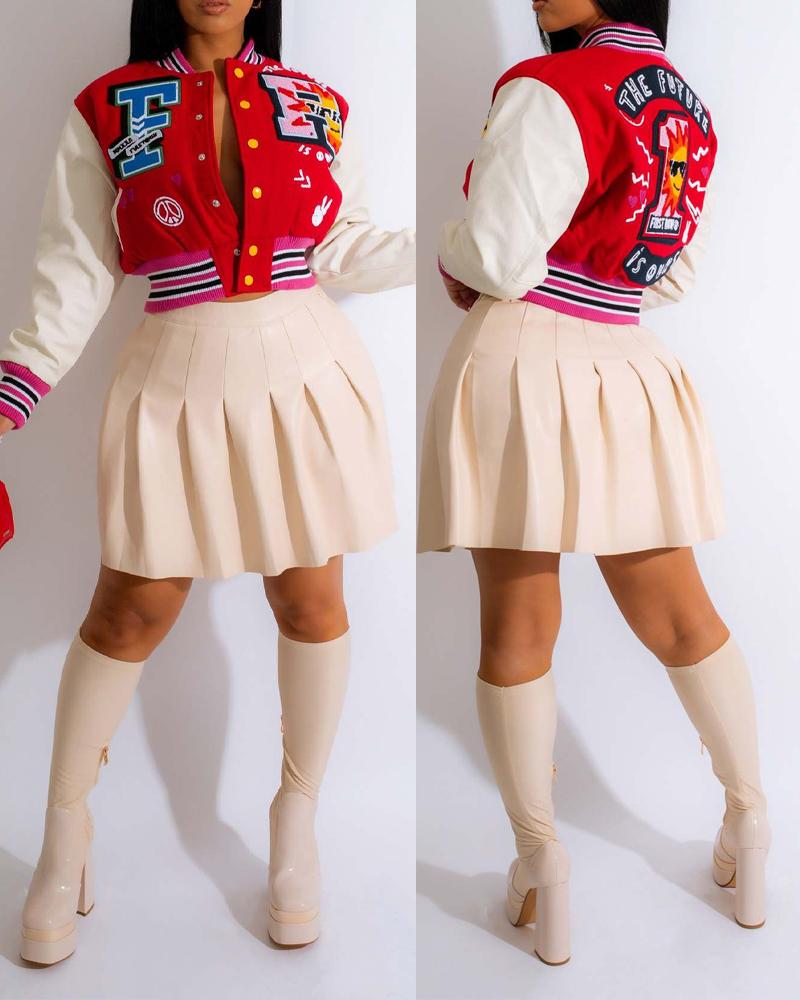 

Letter Print Button Front Long Sleeve Bomber Jacket, Red