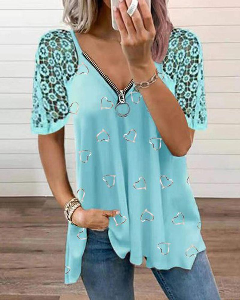 

Heart Pattern Contrast Lace Zipper Design T-shirt, Blue