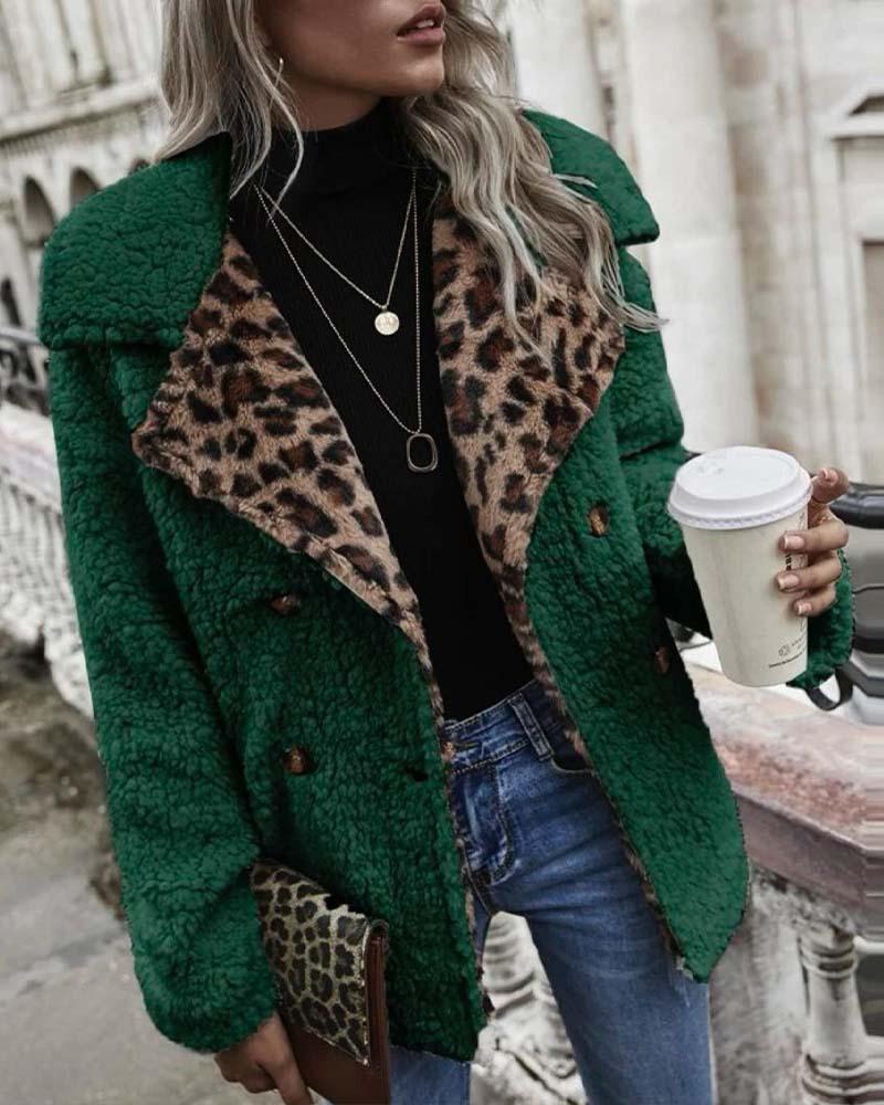 

Contrast Leopard Double Breasted Teddy Coat, Green