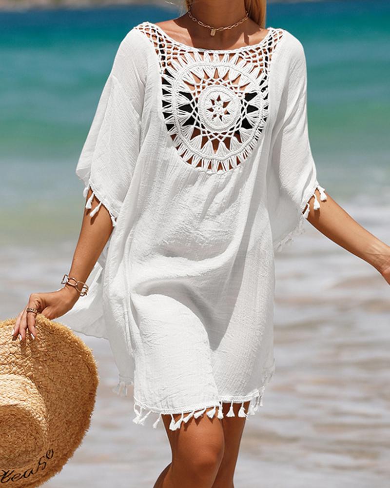 

Hollow Out Geometric Pattern Tassel Design Cover Up Dress, White