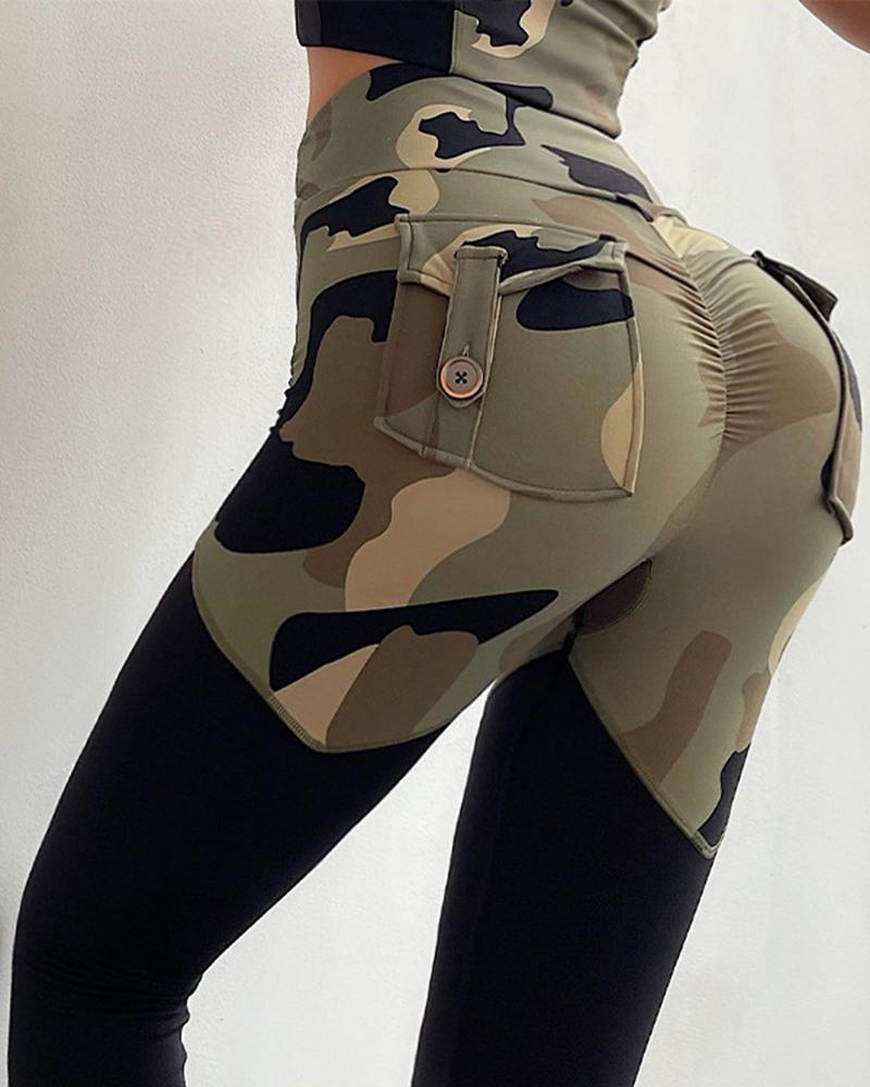 

Camouflage Print Colorblock Ruched Active Pants With Pockets, Camoflage