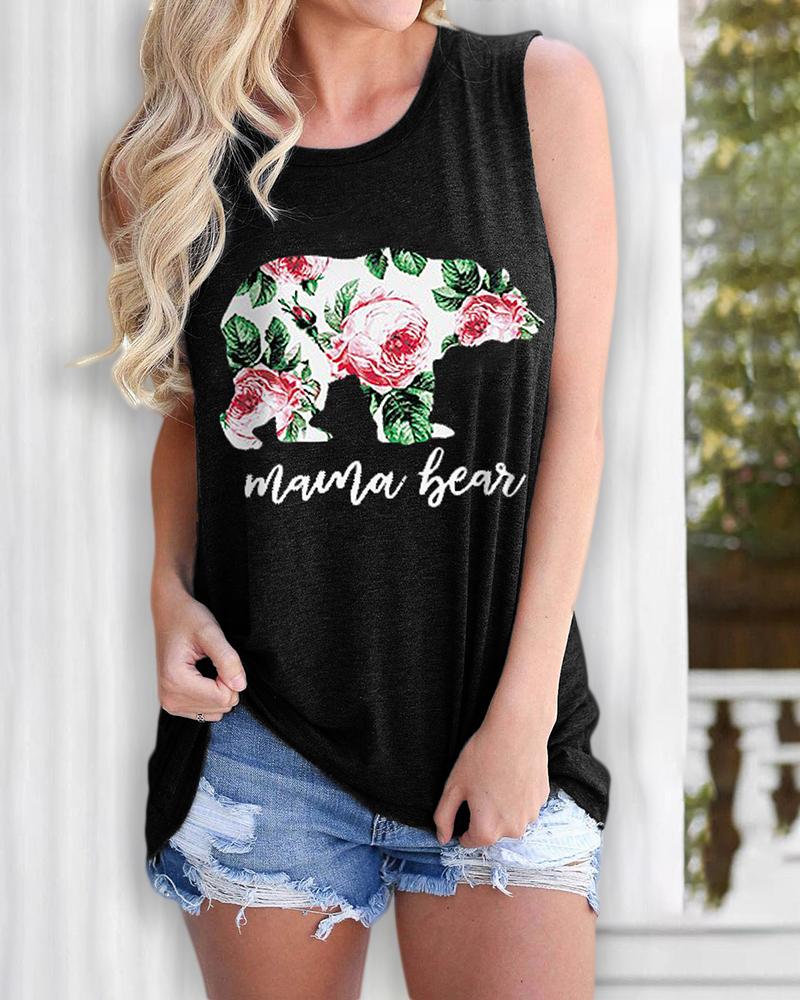 

Letter / Floral / Bear Print Casual Tank Top, Black