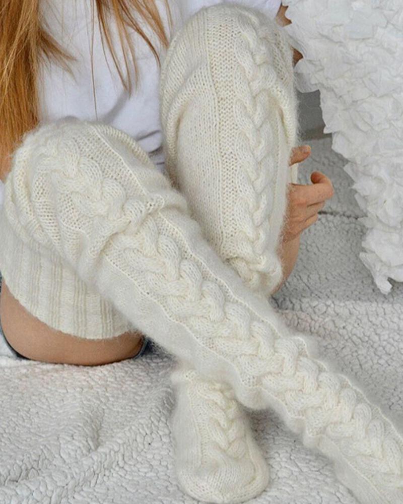

Casual Solid Color Over The Knee Socks, Beige