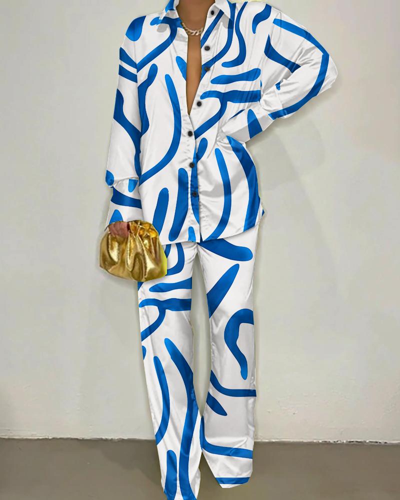 

Allover Print Long Sleeve Button Down Shirt & Pants Set, Blue