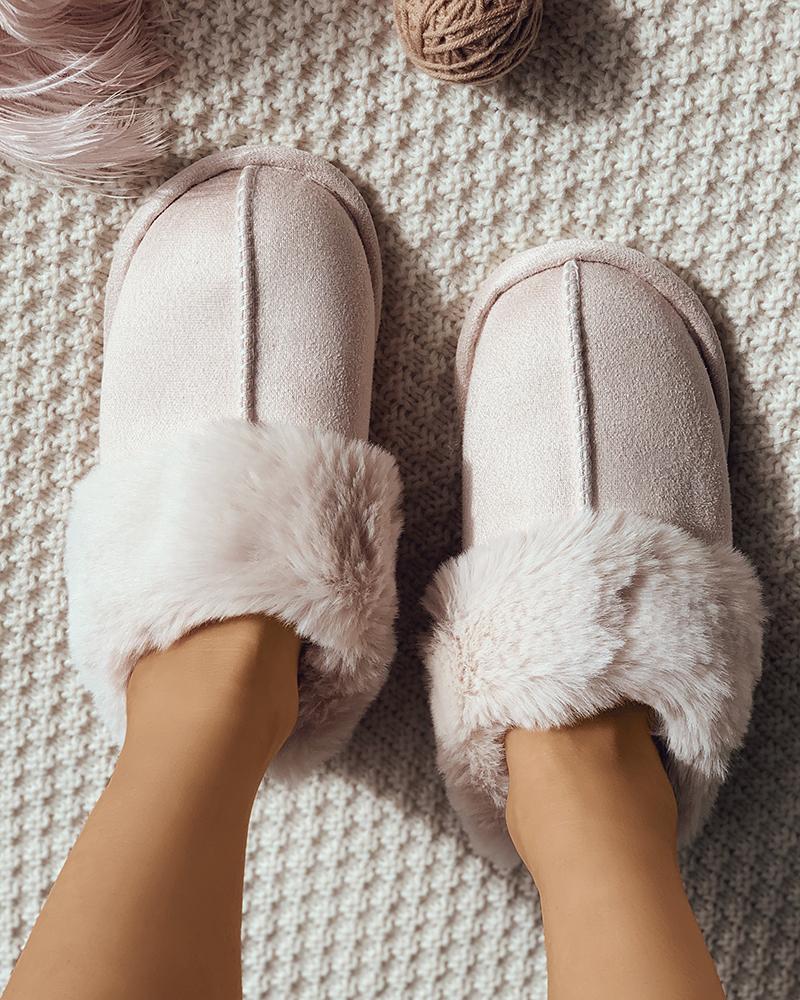 

Suede Fluffy Casual Slide Slippers, Beige