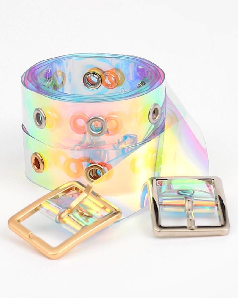 

Clear Holographic Square Buckle Belt, Gold