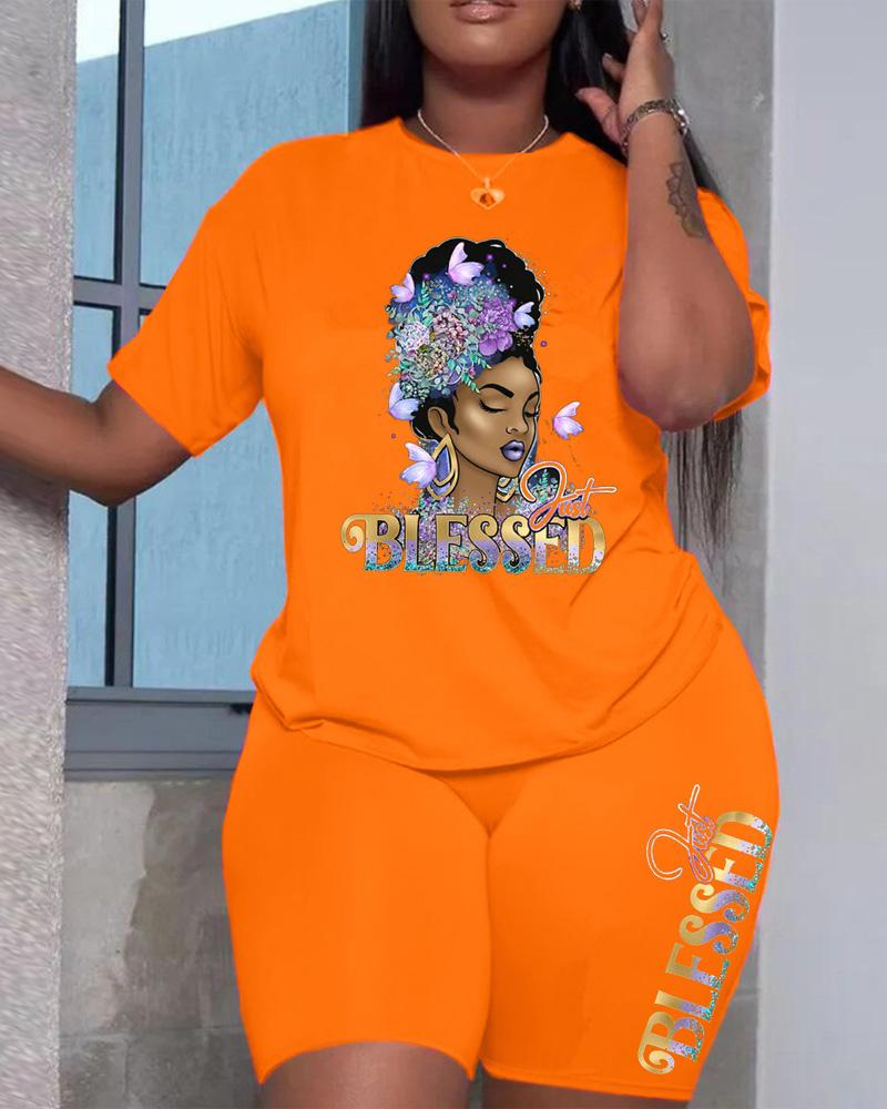 

Plus Size Just Blessed Figure Print Casual T-shirt & Shorts Set, Orange