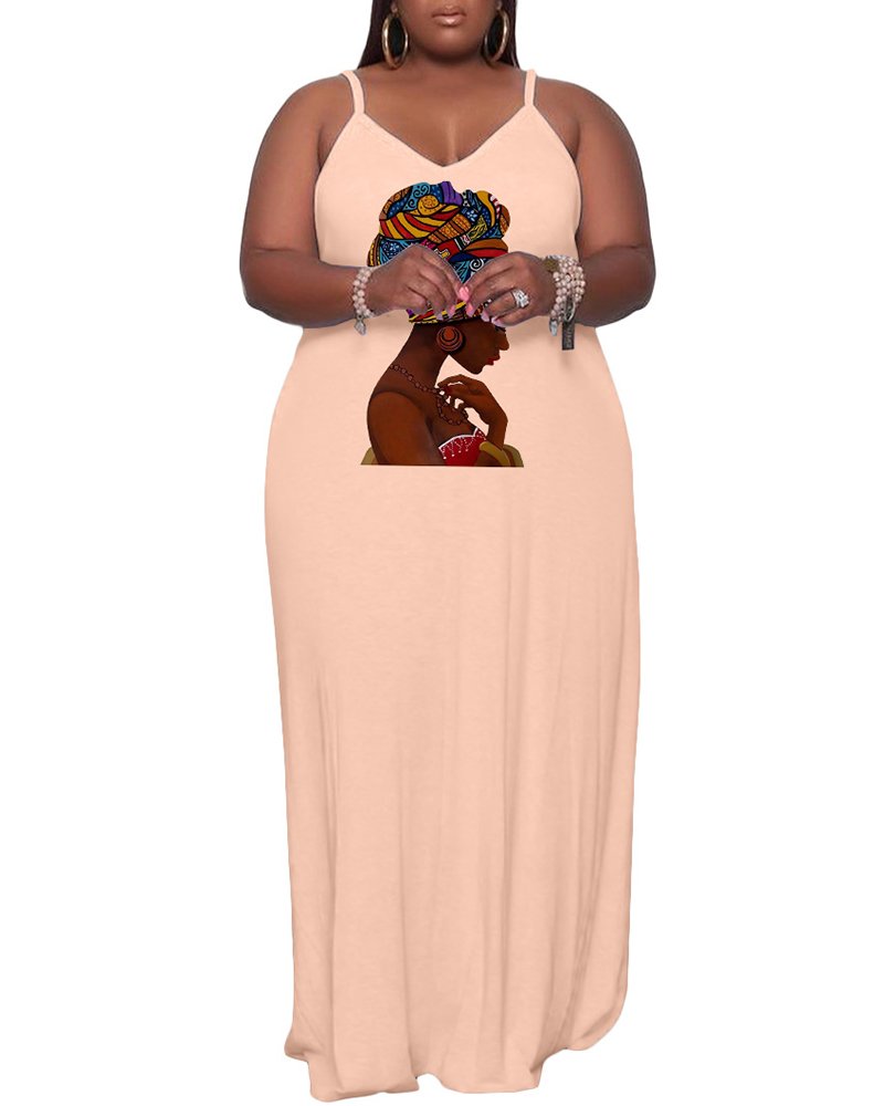

Plus Size Figure Print Spaghetti Strap Maxi Dress, Orange