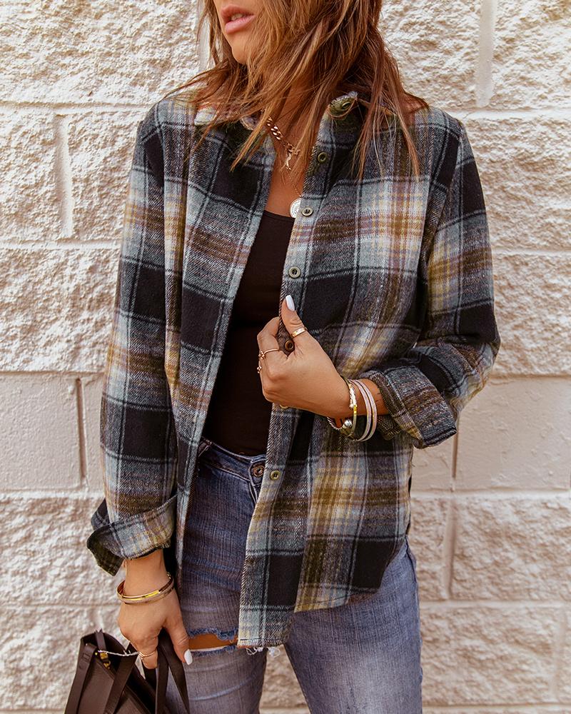 

Plaid Print Button Front Long Sleeve Shacket, Black