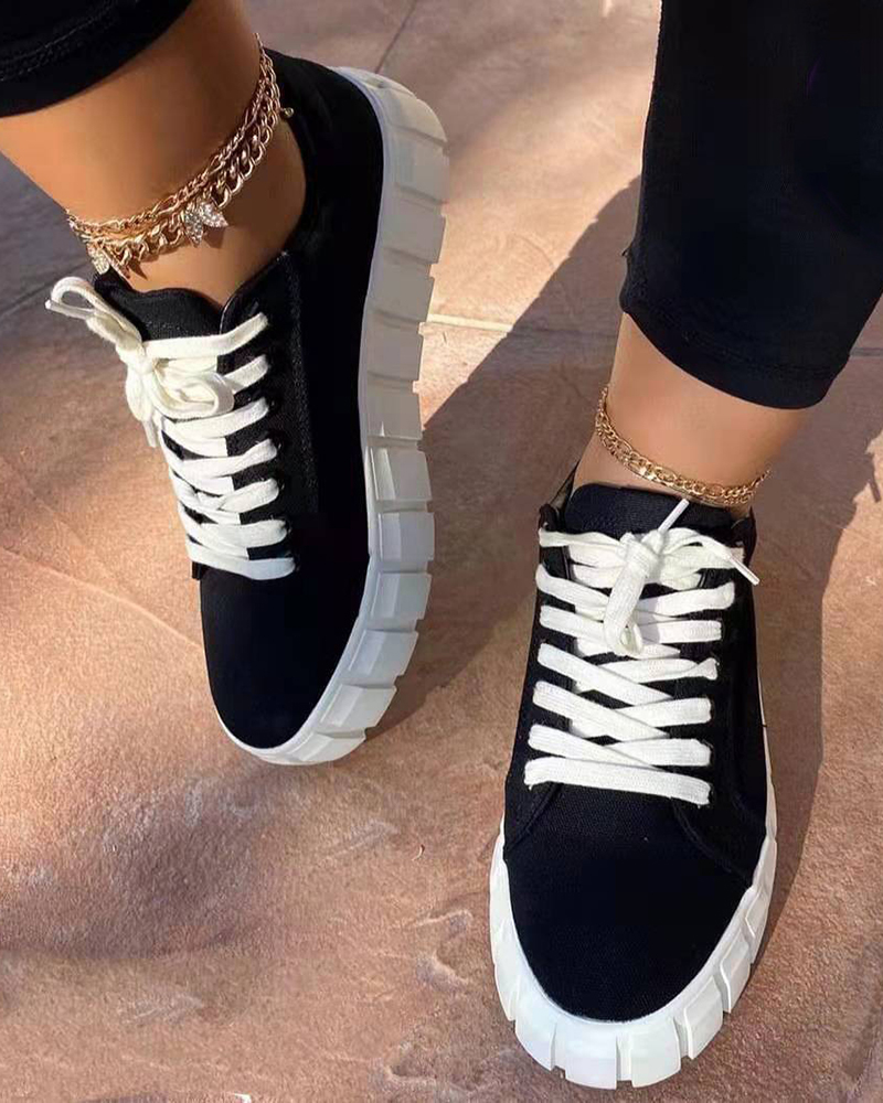 

Eyelet Lace-up Platform Sneakers, Blackwhite