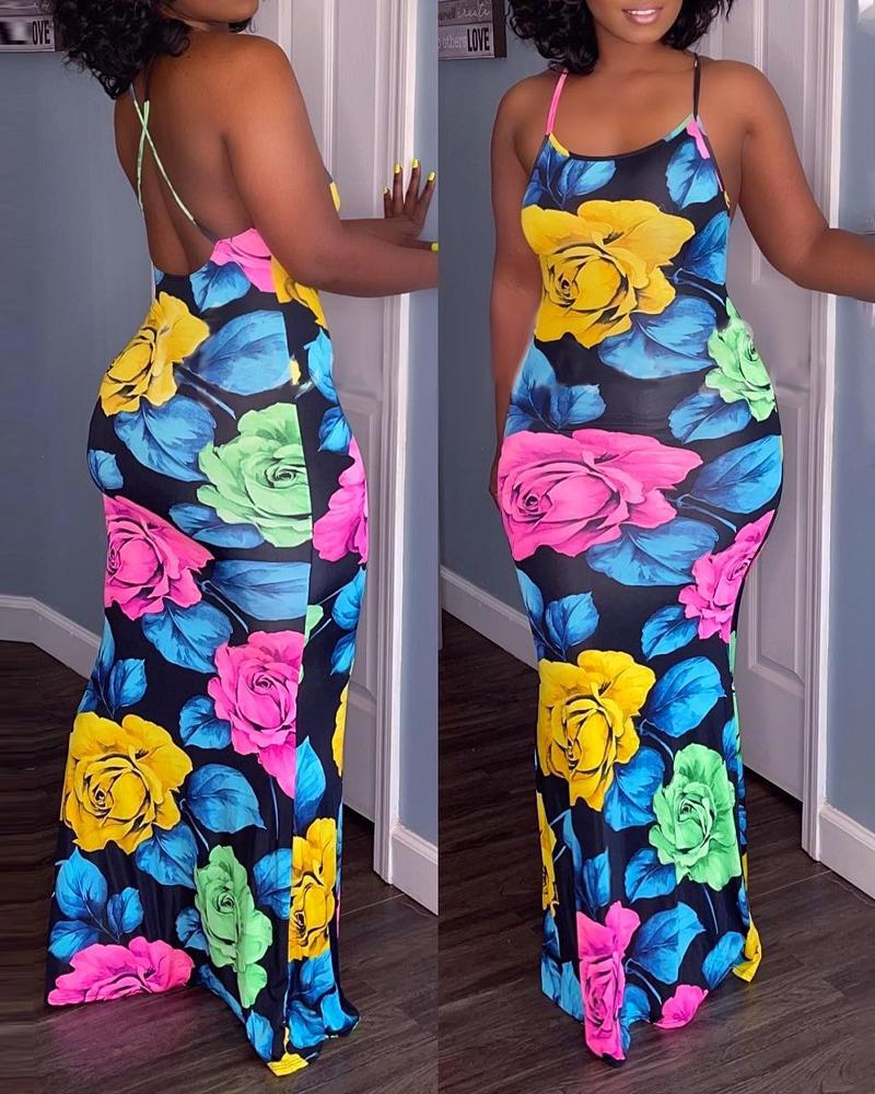 

Crisscross Backless Floral Print Dress, Blue