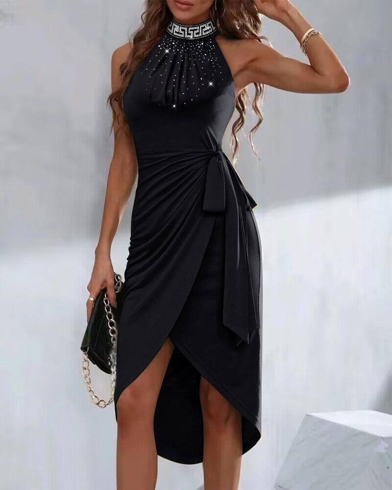 

Geometric Rhinestone Wrap Tied Detail Dress, Black