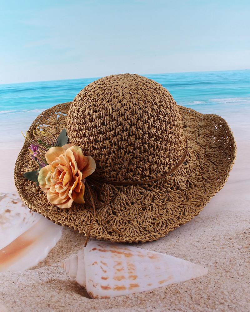 

Floral Pattern Folding Wide Brim Straw Hat, Coffee