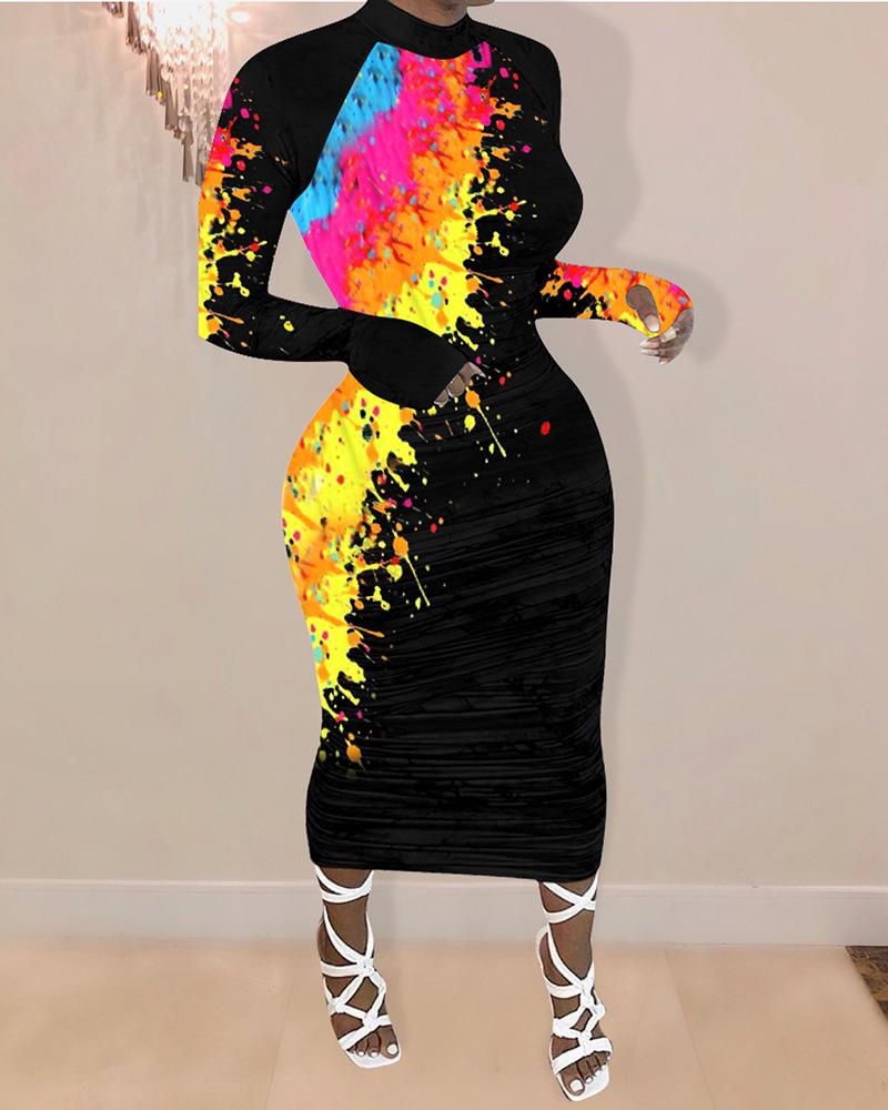 

Ink Splash Print Long Sleeve Dress, Black