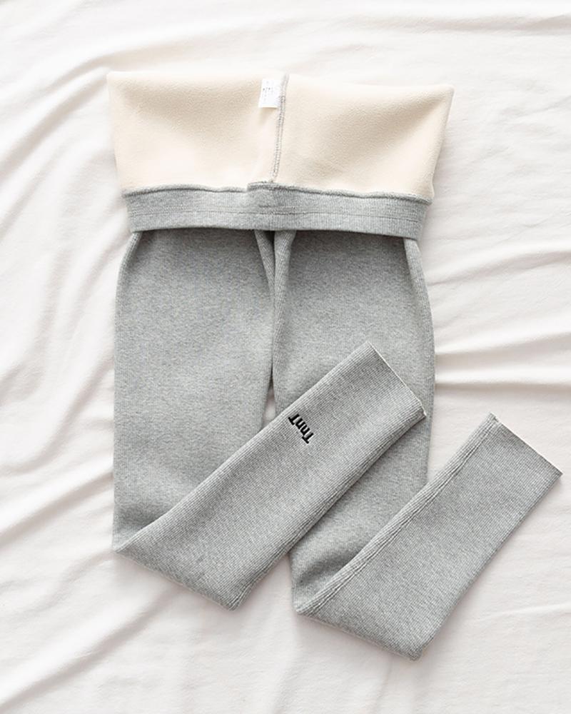 

High Waist Fleece Lined Thermal Warm Letter Embroidery Leggings, Gray