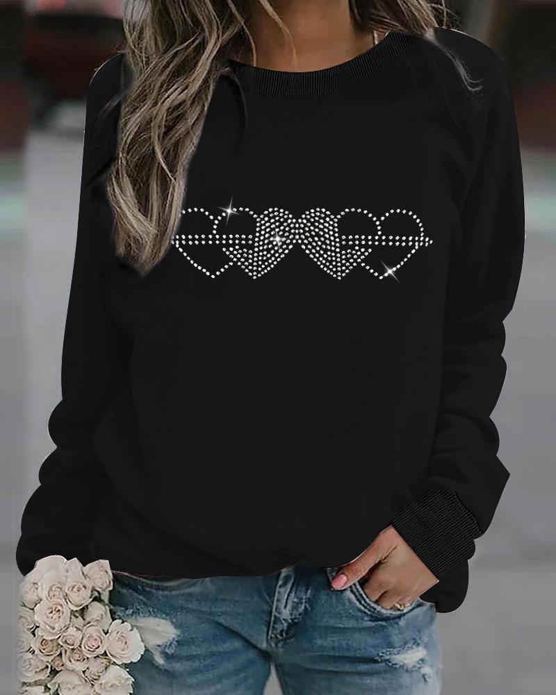 

Rhinestone Heart Pattern Long Sleeve Casual Top, Black