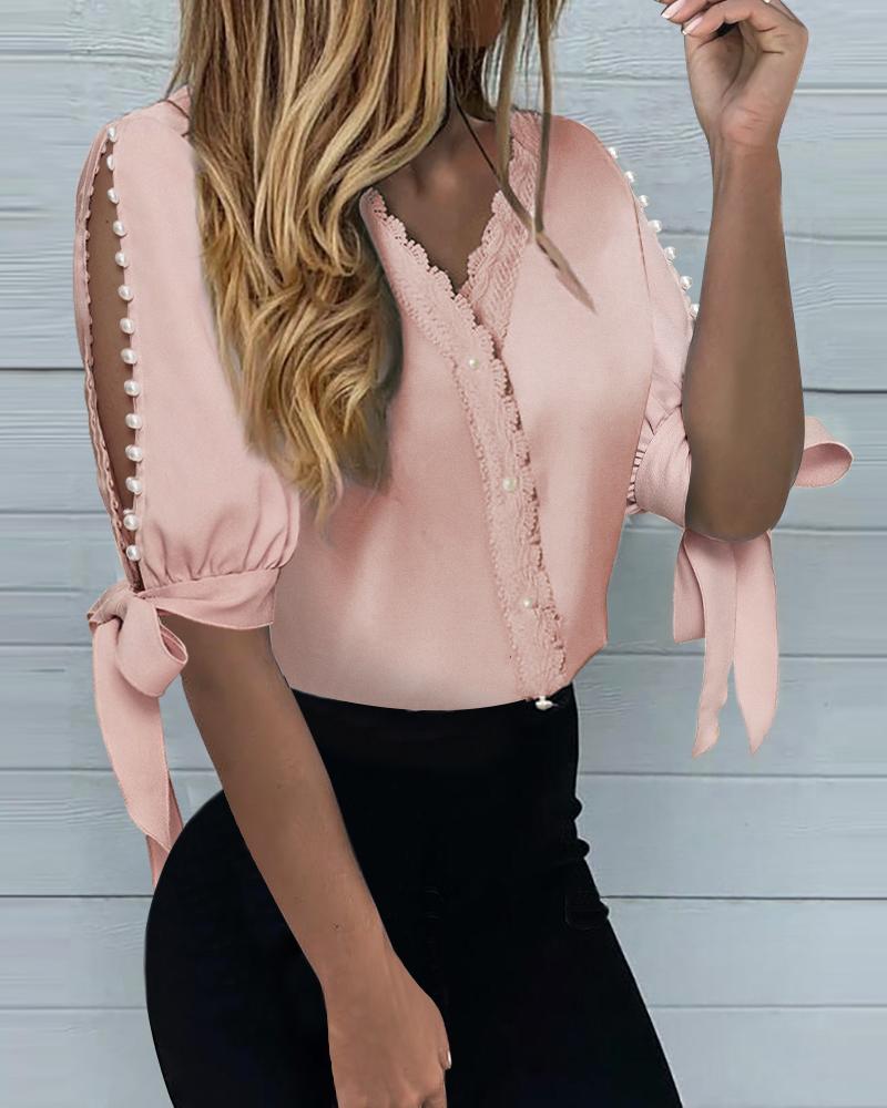 

Beaded Split Knot Cuff Lace Trim V-Neck Top, Pink