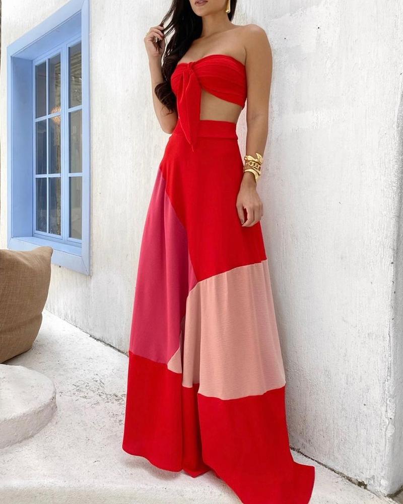 

Plain Knotted Bandeau Top & Colorblock Maxi Skirt Set, Red