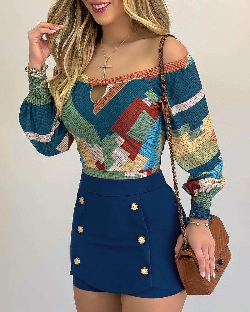

Colorblock Off Shoulder Lantern Sleeve Cutout Top, Blue