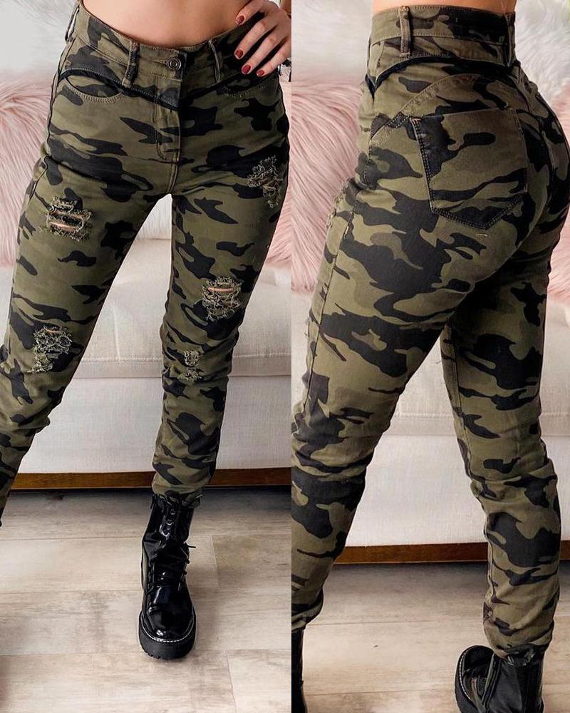 

High Waist Camouflage Print Cutout Pants, Army green