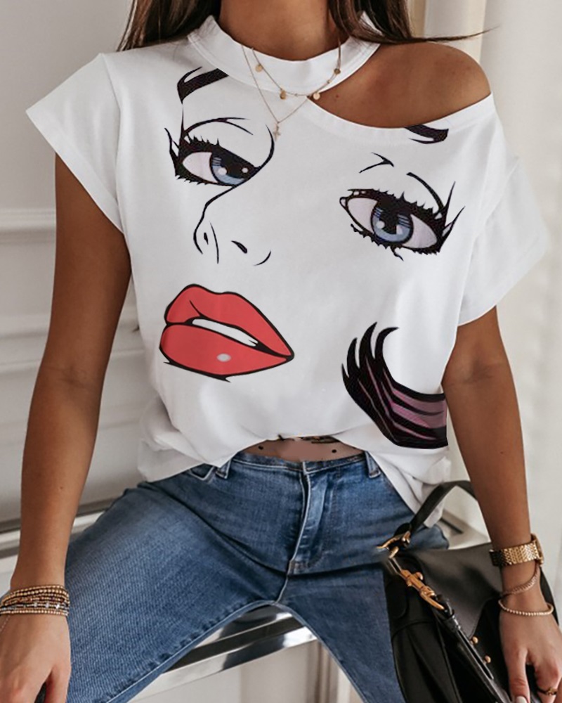 

Figure Print Cold Shoulder Casual T-shirt, White
