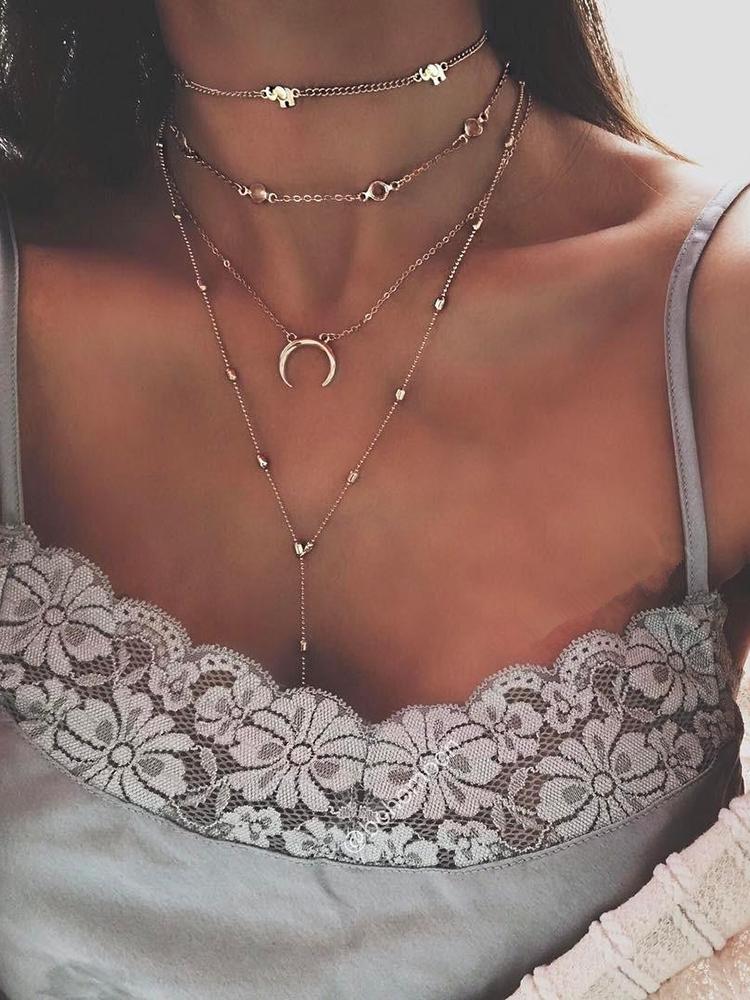 

Fashion Tiered Patchwork Moon Pendant Necklace, Gold