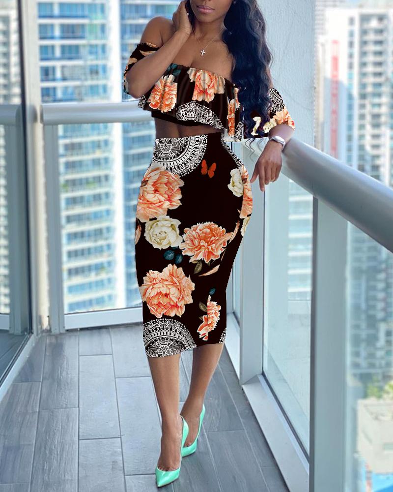

Off Shoulder Floral Print Ruffle Trim Crop Top & Skirt Set, Multicolor