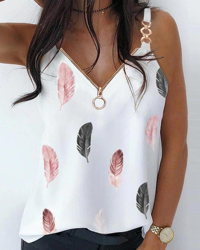 

Feather Print Chain Strap Zip Front Casual Tank Top, White