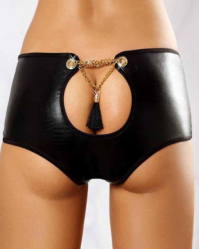 

Grommet Eyelet Chain Link Tassel Decor Cut-Out Panty, Black
