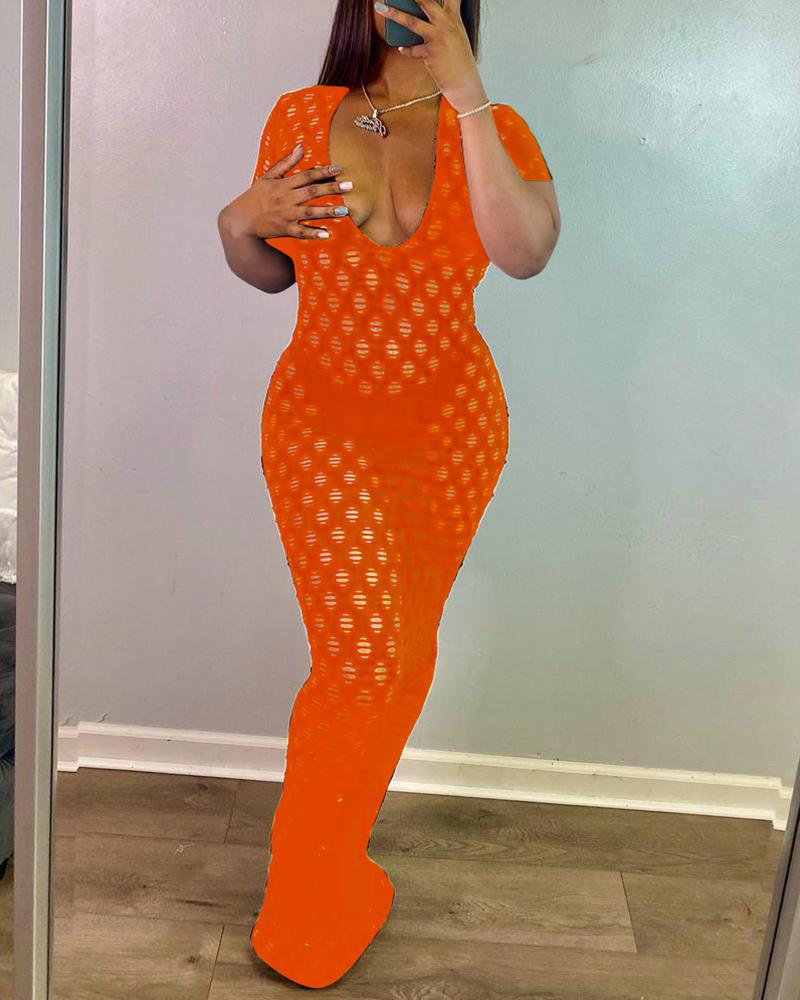 

Summer Plain U-neck Low Cut Straight Long Dress, Orange