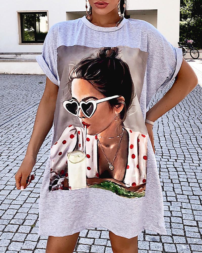 

Figure Print Short Sleeve Casual T-shirt, Gray