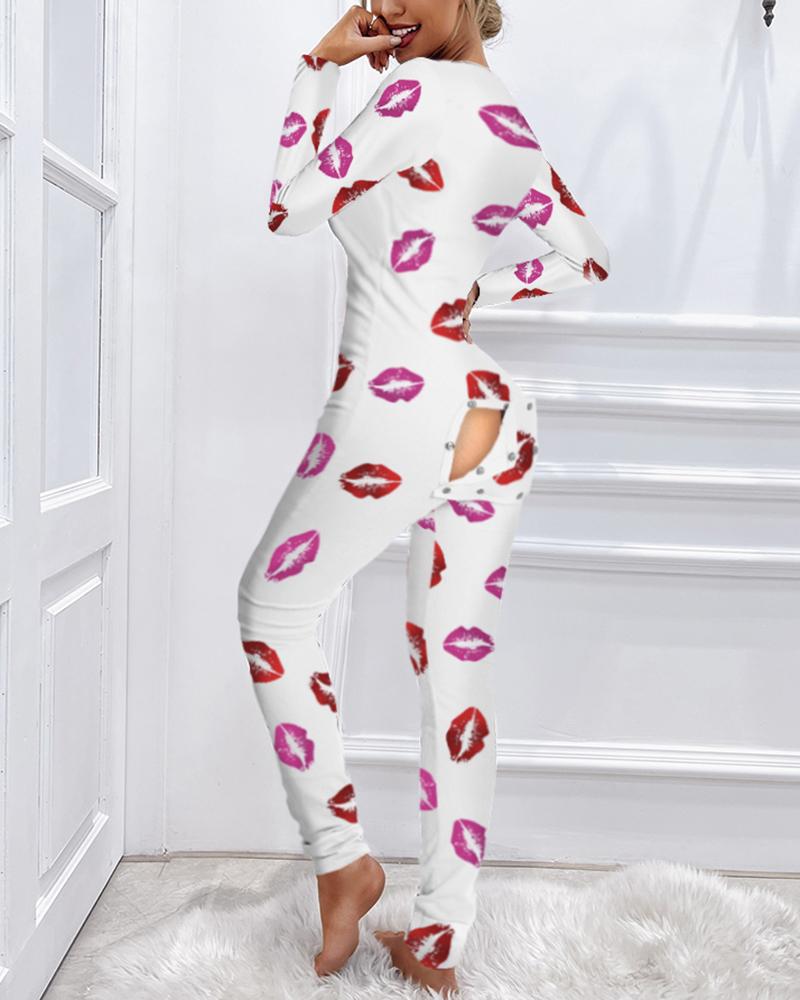 

Lips Print Functional Longue Onesie, White