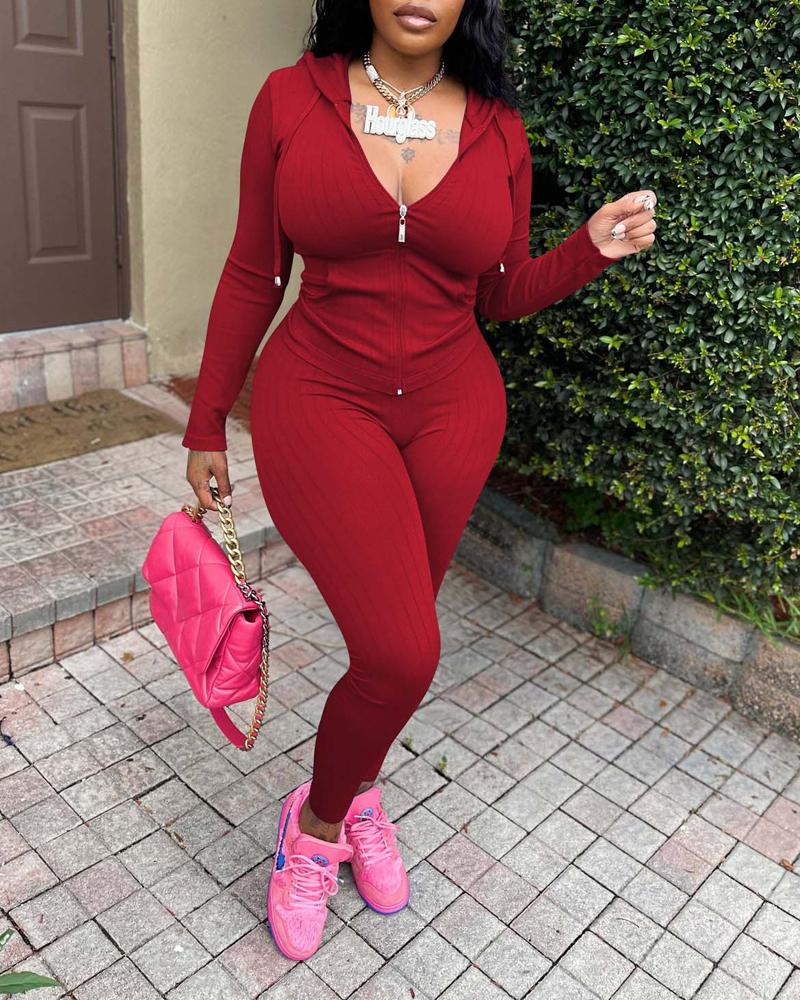 

Ribbed Long Sleeve Zip Up Hooded Top & Pants Set, Wine red