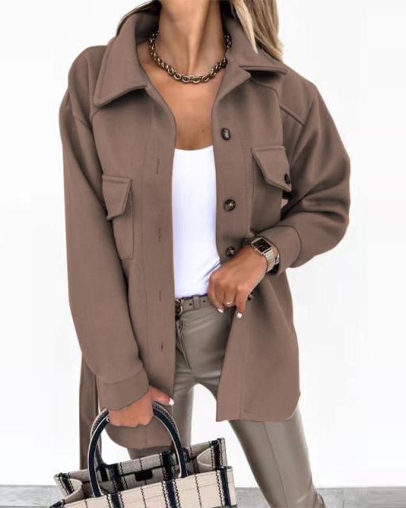 

Flap Detail Drop Shoulder Button Up Coat, Dark brown