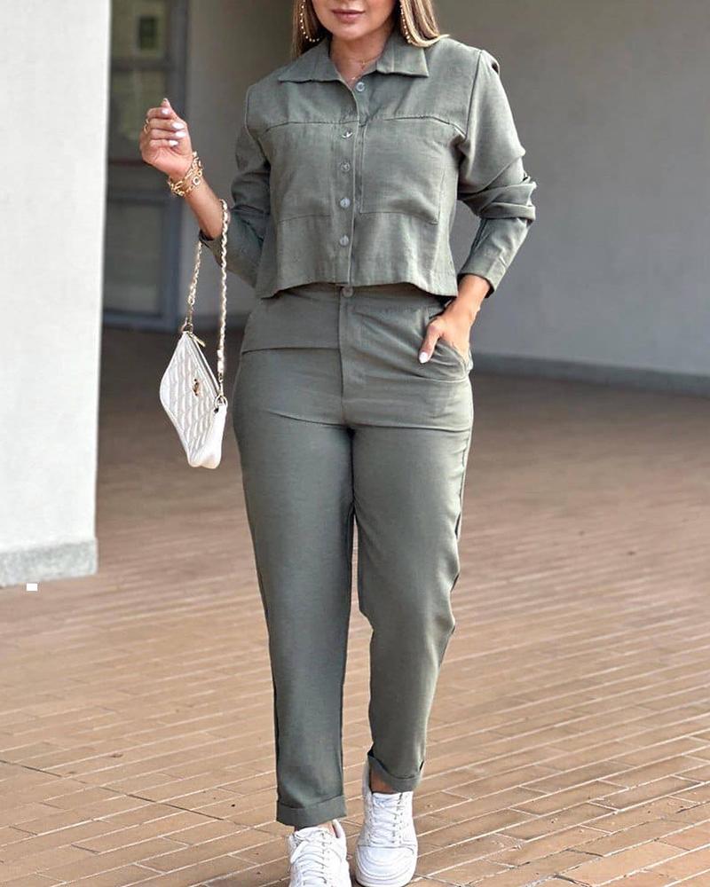 

Pocket Design Buttoned Top & Pants Set, Army green