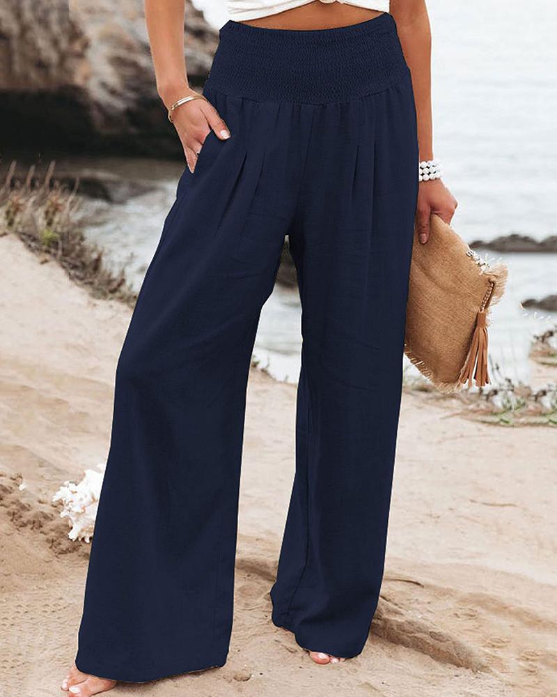 

Gathered Waist Pocket Design Wide Leg Pants, Purplish blue