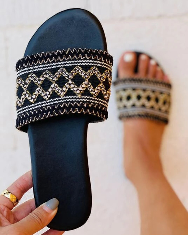

Vintage Bohemian Wide Strap Beach Slippers, Black