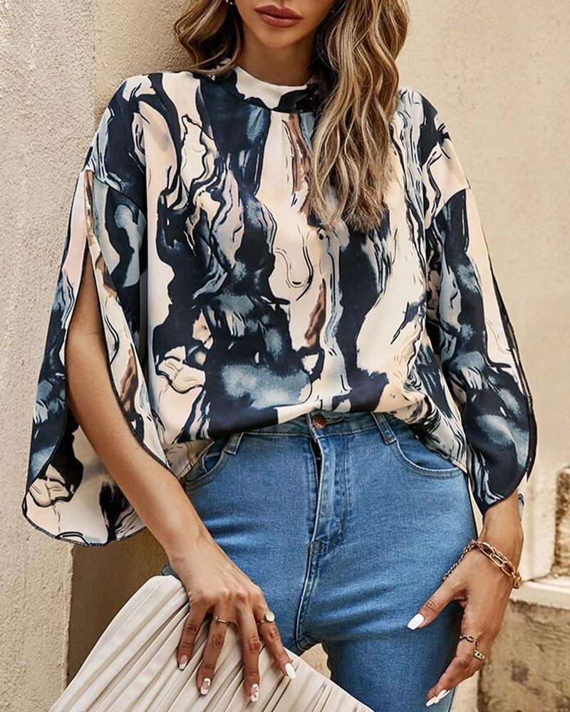 

Abstract Print Slit Bell Sleeve Top, Blue